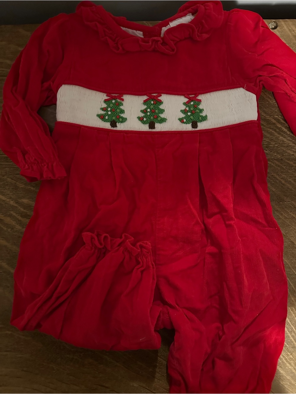Red Baby Holiday Corduroy Romper with Smocked Trees